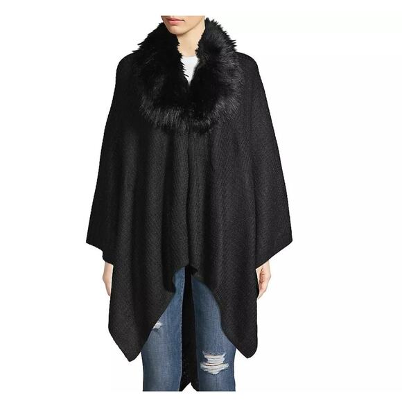 NWT Cejon Black The Leiya Faux Fur Trimmed Collar Poncho One Size - Picture 1 of 14
